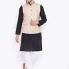 Vastramay Men's Beige, Black And White Cotton Blend Jacket, Kurta And Pyjama Set