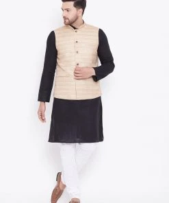 Vastramay Men's Beige, Black And White Cotton Blend Jacket, Kurta And Pyjama Set