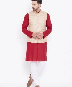 Vastramay Men's Beige, Maroon And White Cotton Blend Jacket, Kurta And Pyjama Set 16 Vastramay Men's Beige, Maroon And White Cotton Blend Jacket, Kurta And Pyjama Set