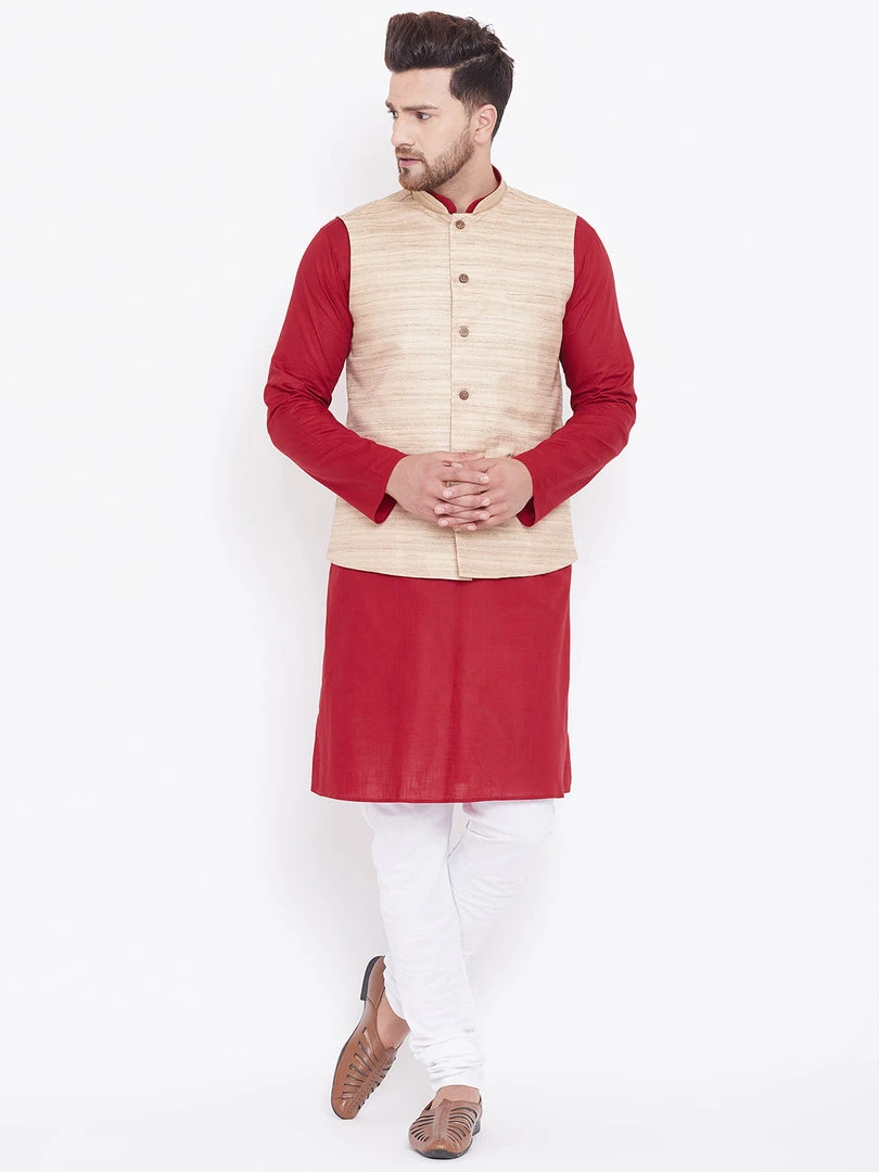 Vastramay Men's Beige, Maroon And White Cotton Blend Jacket, Kurta And Pyjama Set 9 Vastramay Men's Beige, Maroon And White Cotton Blend Jacket, Kurta And Pyjama Set