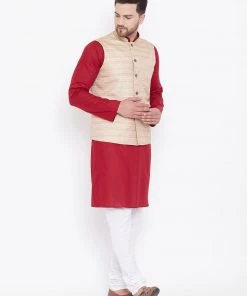 Vastramay Men's Beige, Maroon And White Cotton Blend Jacket, Kurta And Pyjama Set