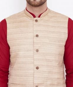 Vastramay Men's Beige, Maroon And White Cotton Blend Jacket, Kurta And Pyjama Set 14 Vastramay Men's Beige, Maroon And White Cotton Blend Jacket, Kurta And Pyjama Set