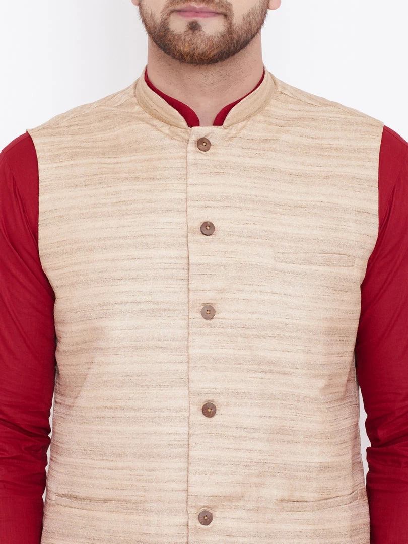 Vastramay Men's Beige, Maroon And White Cotton Blend Jacket, Kurta And Pyjama Set 7 Vastramay Men's Beige, Maroon And White Cotton Blend Jacket, Kurta And Pyjama Set