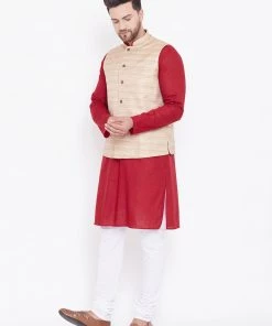 Vastramay Men's Beige, Maroon And White Cotton Blend Jacket, Kurta And Pyjama Set 13 Vastramay Men's Beige, Maroon And White Cotton Blend Jacket, Kurta And Pyjama Set