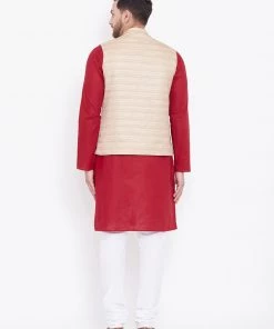 Vastramay Men's Beige, Maroon And White Cotton Blend Jacket, Kurta And Pyjama Set 12 Vastramay Men's Beige, Maroon And White Cotton Blend Jacket, Kurta And Pyjama Set