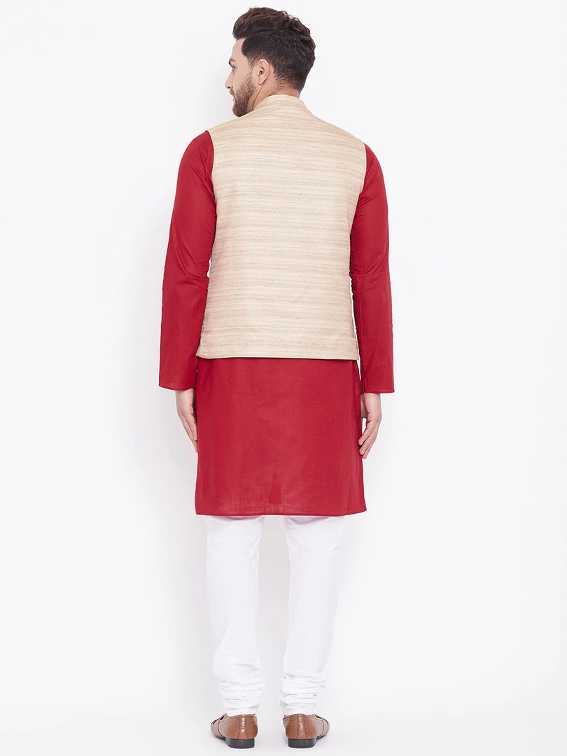 Vastramay Men's Beige, Maroon And White Cotton Blend Jacket, Kurta And Pyjama Set 5 Vastramay Men's Beige, Maroon And White Cotton Blend Jacket, Kurta And Pyjama Set