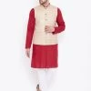 Vastramay Men's Beige, Maroon And White Cotton Blend Jacket, Kurta And Pyjama Set