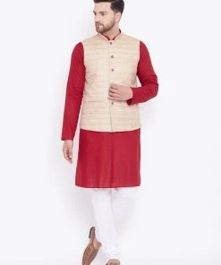 Vastramay Men's Beige, Maroon And White Cotton Blend Jacket, Kurta And Pyjama Set