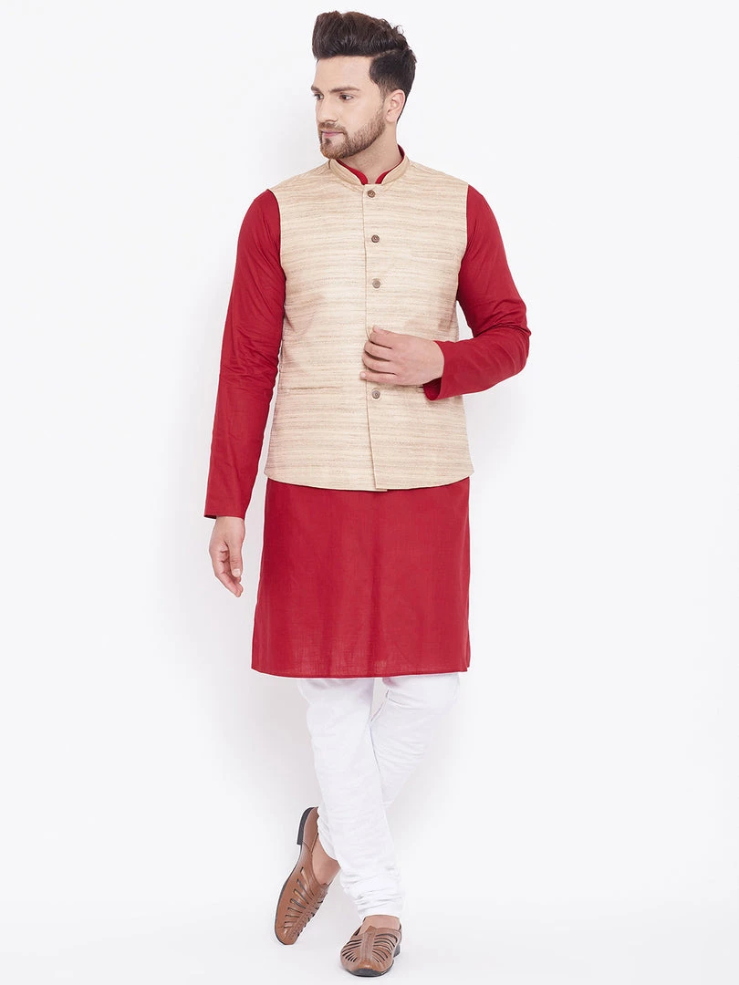 Vastramay Men's Beige, Maroon And White Cotton Blend Jacket, Kurta And Pyjama Set 3 Vastramay Men's Beige, Maroon And White Cotton Blend Jacket, Kurta And Pyjama Set