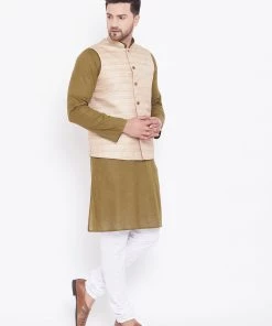 Kurta Sets Vastramay Men's Beige, Mehendi Green And White Cotton Blend Jacket, Kurta And Pyjama Set