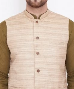 Kurta Sets Vastramay Men's Beige, Mehendi Green And White Cotton Blend Jacket, Kurta And Pyjama Set
