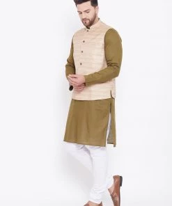 Kurta Sets Vastramay Men's Beige, Mehendi Green And White Cotton Blend Jacket, Kurta And Pyjama Set