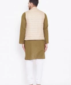 Kurta Sets Vastramay Men's Beige, Mehendi Green And White Cotton Blend Jacket, Kurta And Pyjama Set