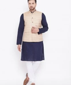 Vastramay Men's Beige, Navy Blue And White Cotton Blend Jacket, Kurta And Pyjama Set Kurta Sets 16 Vastramay Men's Beige, Navy Blue And White Cotton Blend Jacket, Kurta And Pyjama Set Kurta Sets