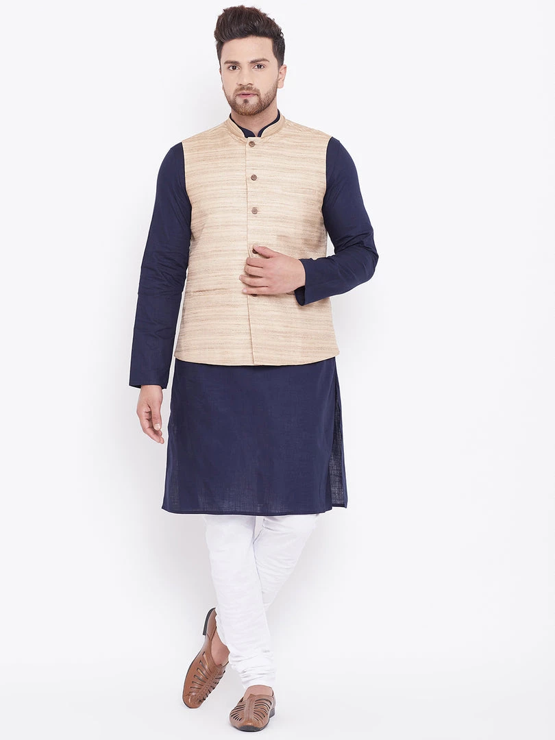 Vastramay Men's Beige, Navy Blue And White Cotton Blend Jacket, Kurta And Pyjama Set Kurta Sets 9 Vastramay Men's Beige, Navy Blue And White Cotton Blend Jacket, Kurta And Pyjama Set Kurta Sets