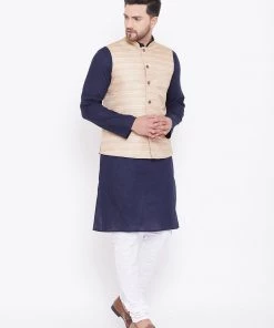 Vastramay Men's Beige, Navy Blue And White Cotton Blend Jacket, Kurta And Pyjama Set Kurta Sets