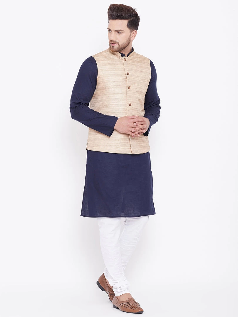 Vastramay Men's Beige, Navy Blue And White Cotton Blend Jacket, Kurta And Pyjama Set Kurta Sets 4 Vastramay Men's Beige, Navy Blue And White Cotton Blend Jacket, Kurta And Pyjama Set Kurta Sets