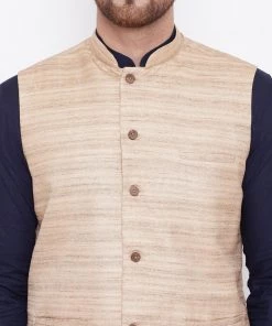 Vastramay Men's Beige, Navy Blue And White Cotton Blend Jacket, Kurta And Pyjama Set Kurta Sets 14 Vastramay Men's Beige, Navy Blue And White Cotton Blend Jacket, Kurta And Pyjama Set Kurta Sets