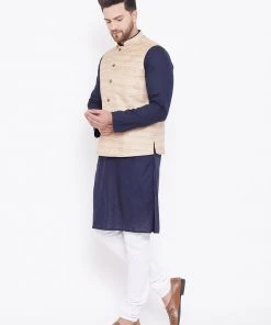 Vastramay Men's Beige, Navy Blue And White Cotton Blend Jacket, Kurta And Pyjama Set Kurta Sets 13 Vastramay Men's Beige, Navy Blue And White Cotton Blend Jacket, Kurta And Pyjama Set Kurta Sets