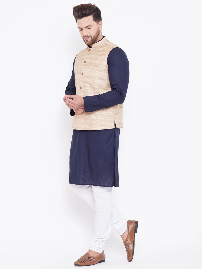 Vastramay Men's Beige, Navy Blue And White Cotton Blend Jacket, Kurta And Pyjama Set Kurta Sets 6 Vastramay Men's Beige, Navy Blue And White Cotton Blend Jacket, Kurta And Pyjama Set Kurta Sets