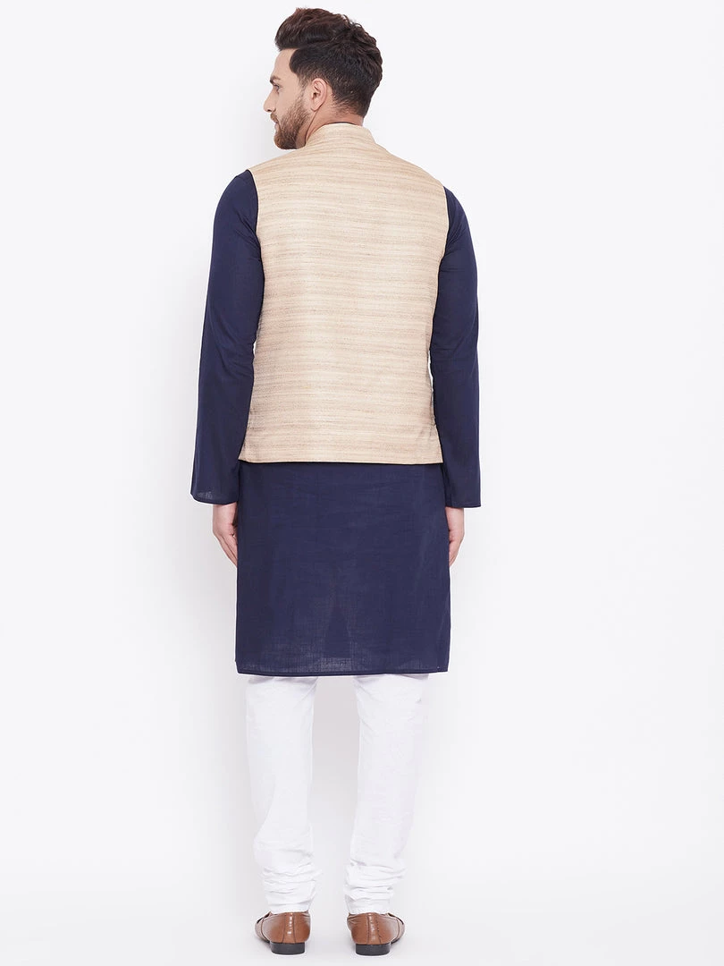 Vastramay Men's Beige, Navy Blue And White Cotton Blend Jacket, Kurta And Pyjama Set Kurta Sets 5 Vastramay Men's Beige, Navy Blue And White Cotton Blend Jacket, Kurta And Pyjama Set Kurta Sets