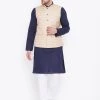 Vastramay Men's Beige, Navy Blue And White Cotton Blend Jacket, Kurta And Pyjama Set Kurta Sets