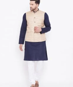 Vastramay Men's Beige, Navy Blue And White Cotton Blend Jacket, Kurta And Pyjama Set Kurta Sets