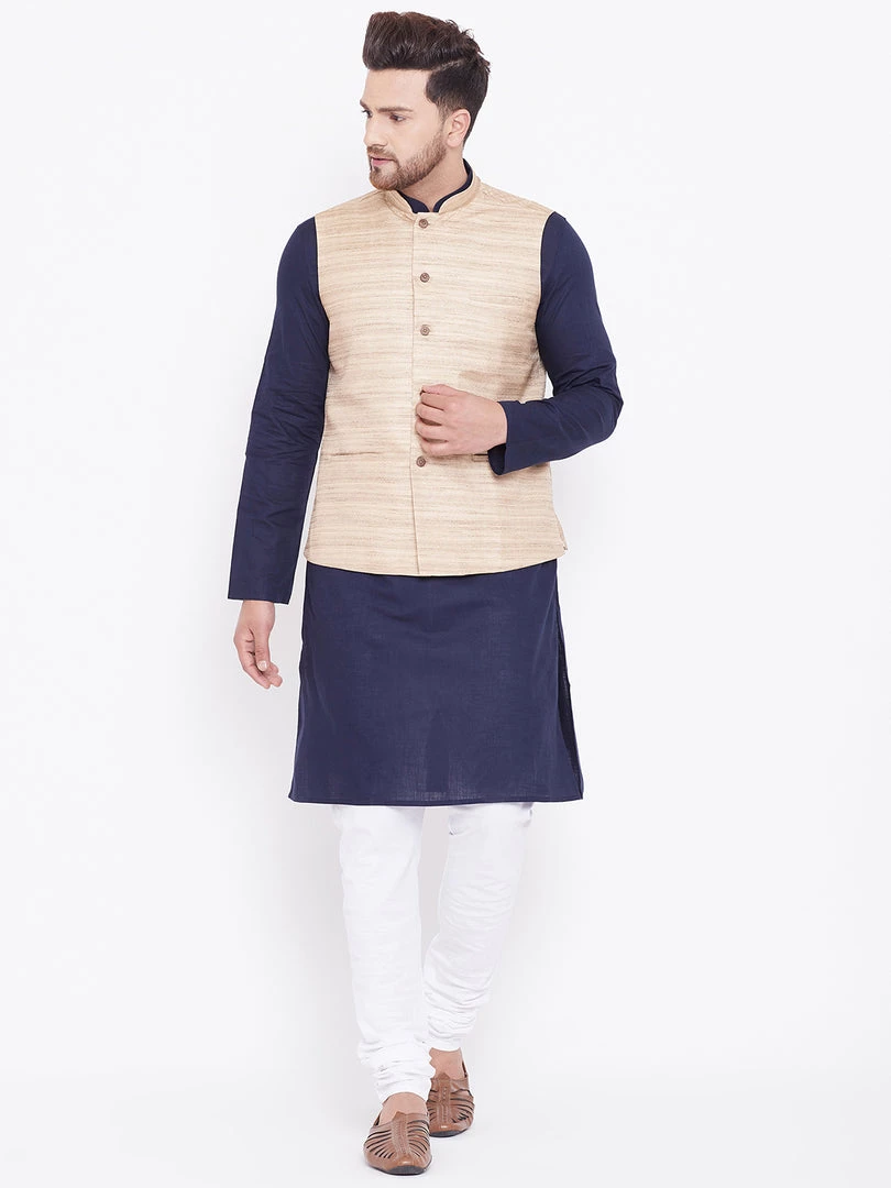 Vastramay Men's Beige, Navy Blue And White Cotton Blend Jacket, Kurta And Pyjama Set Kurta Sets 3 Vastramay Men's Beige, Navy Blue And White Cotton Blend Jacket, Kurta And Pyjama Set Kurta Sets