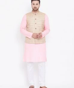 Vastramay Men's Beige, Pink And White Cotton Blend Jacket, Kurta And Pyjama Set Kurta Sets 16 Vastramay Men's Beige, Pink And White Cotton Blend Jacket, Kurta And Pyjama Set Kurta Sets
