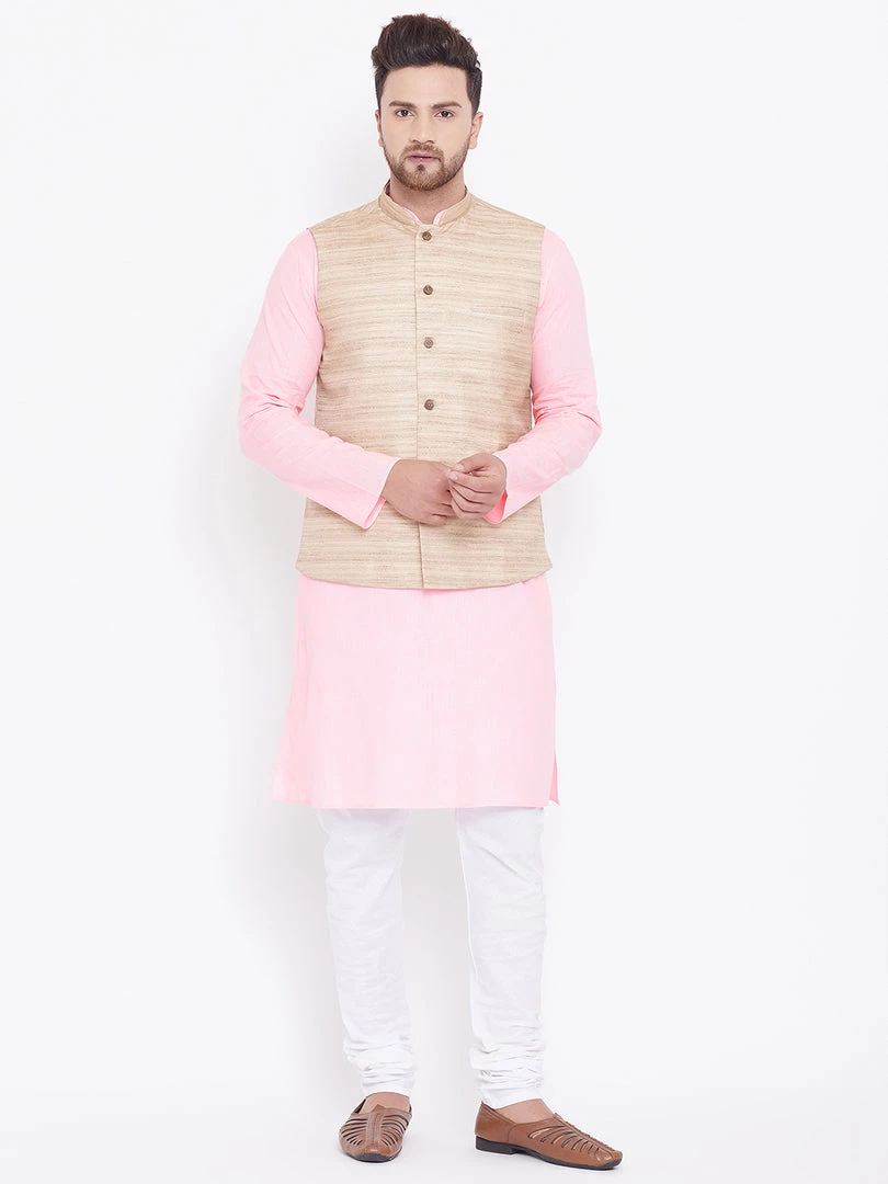 Vastramay Men's Beige, Pink And White Cotton Blend Jacket, Kurta And Pyjama Set Kurta Sets 9 Vastramay Men's Beige, Pink And White Cotton Blend Jacket, Kurta And Pyjama Set Kurta Sets
