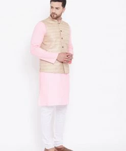 Vastramay Men's Beige, Pink And White Cotton Blend Jacket, Kurta And Pyjama Set Kurta Sets