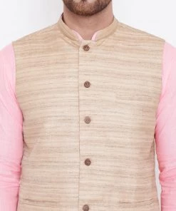 Vastramay Men's Beige, Pink And White Cotton Blend Jacket, Kurta And Pyjama Set Kurta Sets 14 Vastramay Men's Beige, Pink And White Cotton Blend Jacket, Kurta And Pyjama Set Kurta Sets
