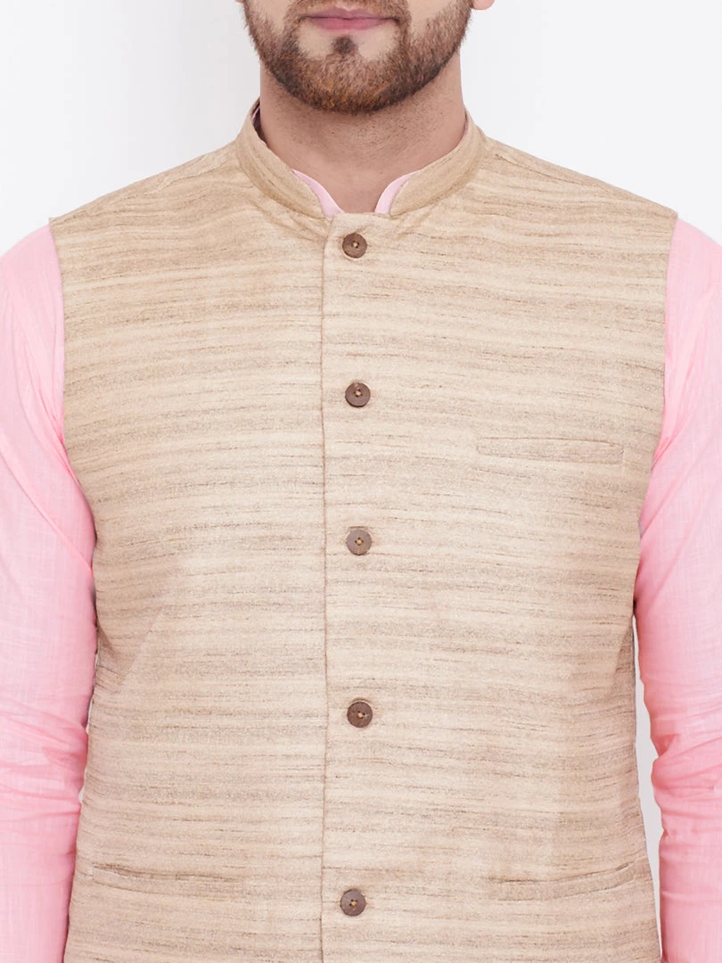Vastramay Men's Beige, Pink And White Cotton Blend Jacket, Kurta And Pyjama Set Kurta Sets 7 Vastramay Men's Beige, Pink And White Cotton Blend Jacket, Kurta And Pyjama Set Kurta Sets