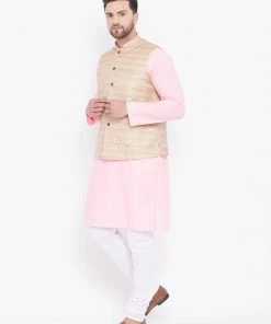Vastramay Men's Beige, Pink And White Cotton Blend Jacket, Kurta And Pyjama Set Kurta Sets 13 Vastramay Men's Beige, Pink And White Cotton Blend Jacket, Kurta And Pyjama Set Kurta Sets