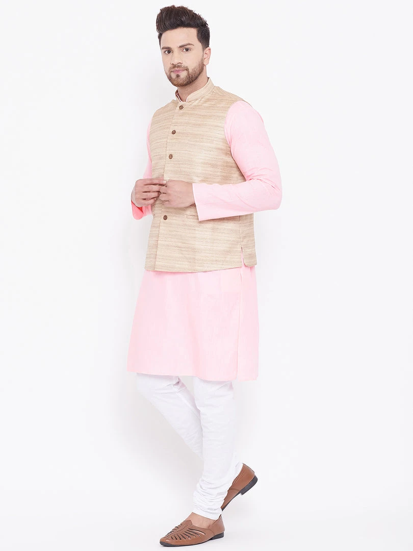 Vastramay Men's Beige, Pink And White Cotton Blend Jacket, Kurta And Pyjama Set Kurta Sets 6 Vastramay Men's Beige, Pink And White Cotton Blend Jacket, Kurta And Pyjama Set Kurta Sets