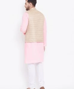 Vastramay Men's Beige, Pink And White Cotton Blend Jacket, Kurta And Pyjama Set Kurta Sets 12 Vastramay Men's Beige, Pink And White Cotton Blend Jacket, Kurta And Pyjama Set Kurta Sets