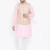 Vastramay Men's Beige, Pink And White Cotton Blend Jacket, Kurta And Pyjama Set Kurta Sets