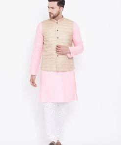 Vastramay Men's Beige, Pink And White Cotton Blend Jacket, Kurta And Pyjama Set Kurta Sets