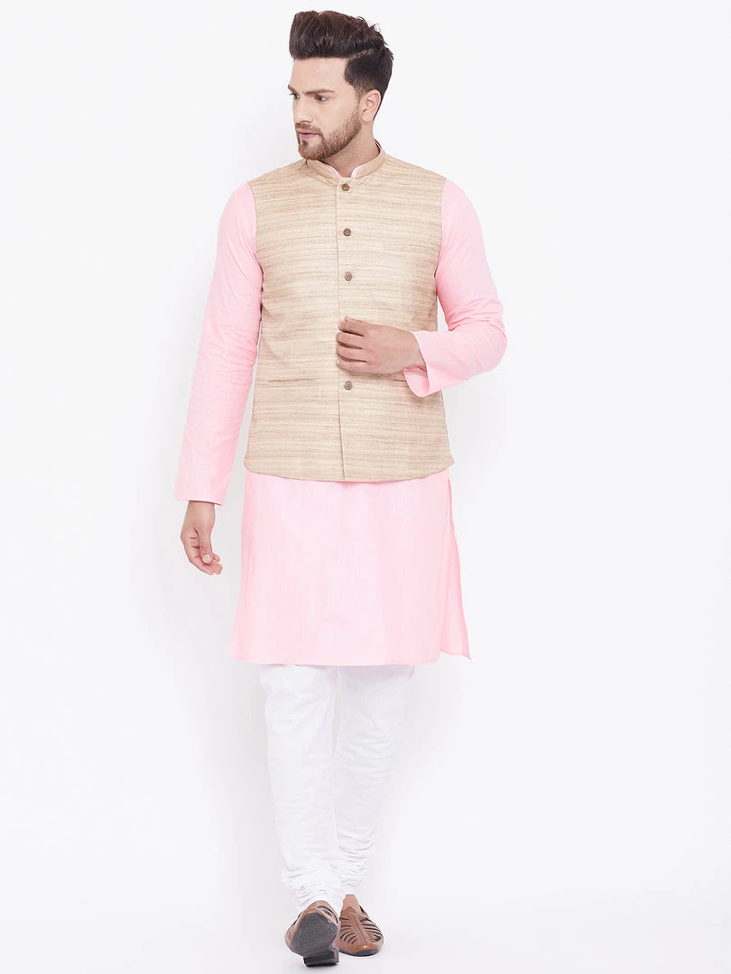 Vastramay Men's Beige, Pink And White Cotton Blend Jacket, Kurta And Pyjama Set Kurta Sets 3 Vastramay Men's Beige, Pink And White Cotton Blend Jacket, Kurta And Pyjama Set Kurta Sets