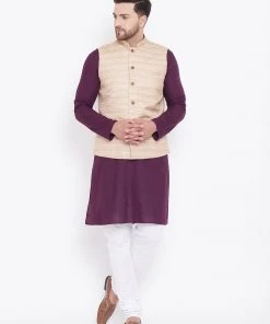 Vastramay Men's Beige, Purple And White Cotton Blend Jacket, Kurta And Pyjama Set Kurta Sets 16 Vastramay Men's Beige, Purple And White Cotton Blend Jacket, Kurta And Pyjama Set Kurta Sets