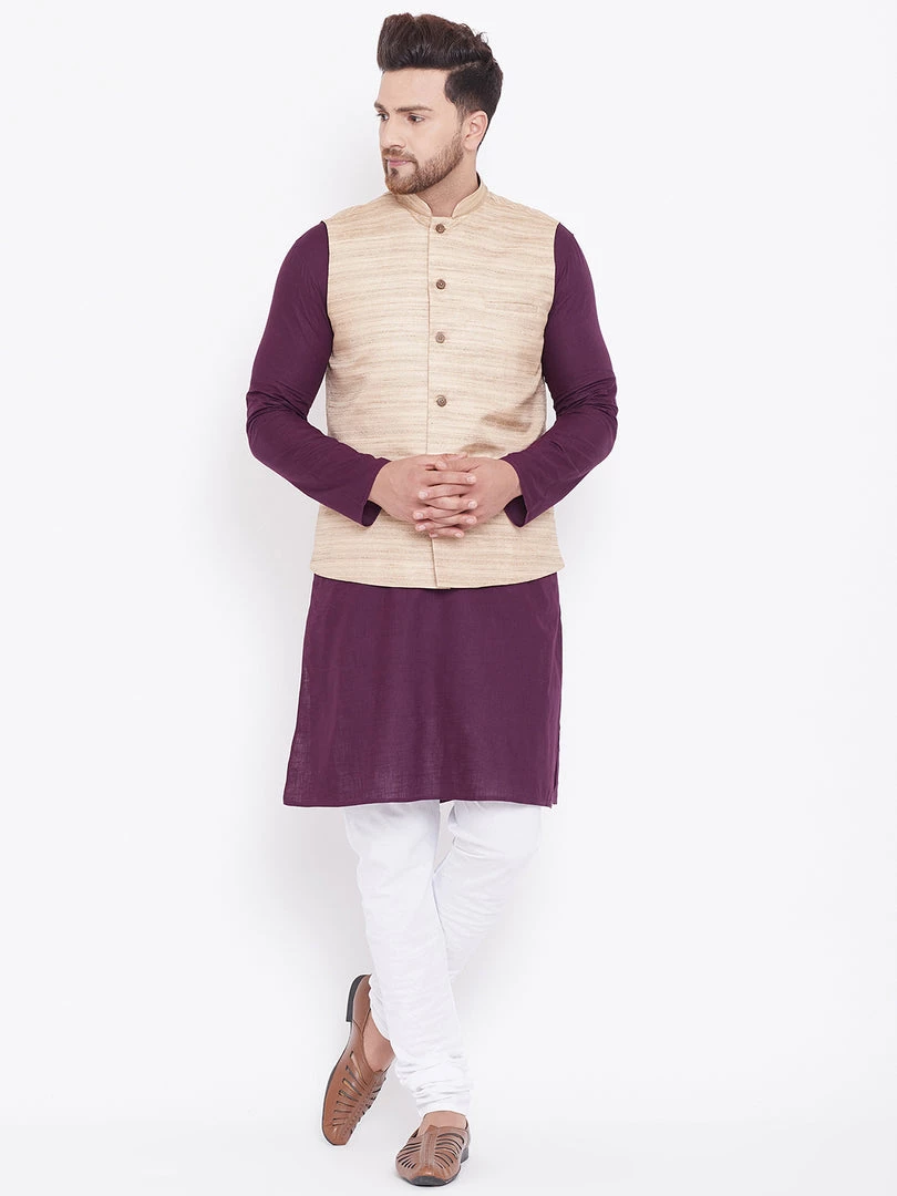 Vastramay Men's Beige, Purple And White Cotton Blend Jacket, Kurta And Pyjama Set Kurta Sets 9 Vastramay Men's Beige, Purple And White Cotton Blend Jacket, Kurta And Pyjama Set Kurta Sets