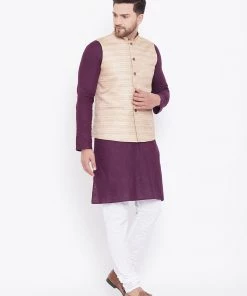 Vastramay Men's Beige, Purple And White Cotton Blend Jacket, Kurta And Pyjama Set Kurta Sets