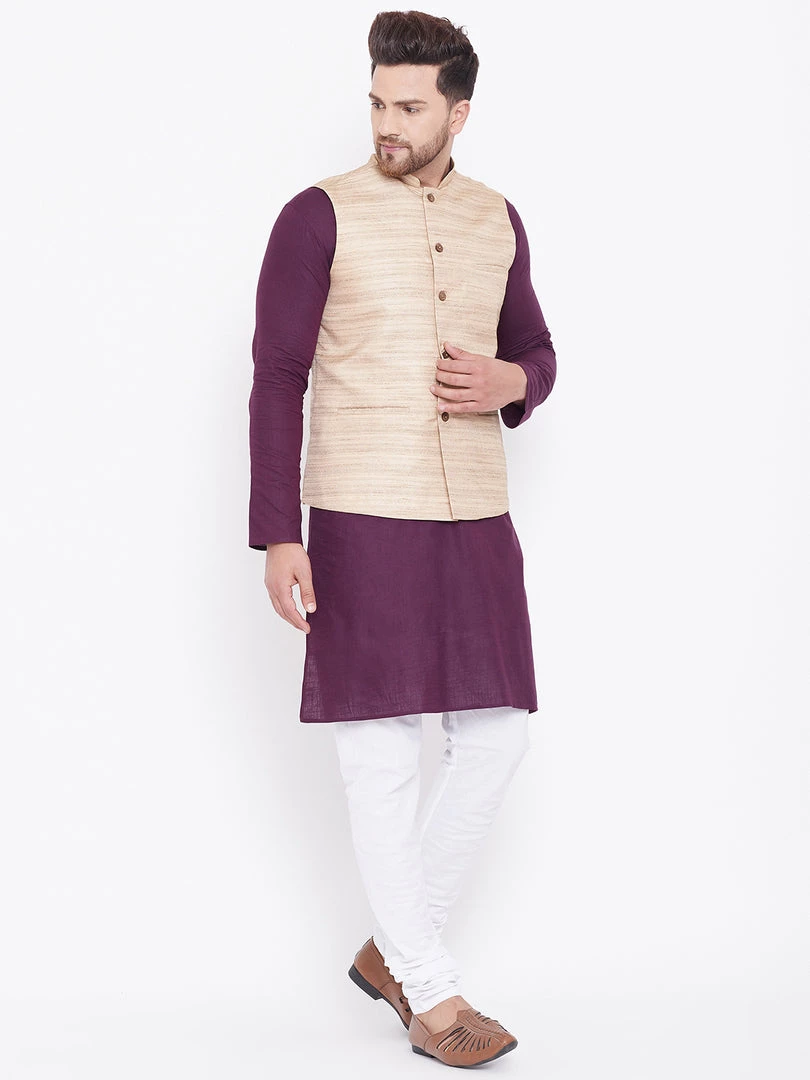 Vastramay Men's Beige, Purple And White Cotton Blend Jacket, Kurta And Pyjama Set Kurta Sets 4 Vastramay Men's Beige, Purple And White Cotton Blend Jacket, Kurta And Pyjama Set Kurta Sets