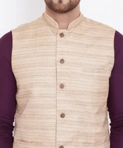 Vastramay Men's Beige, Purple And White Cotton Blend Jacket, Kurta And Pyjama Set Kurta Sets 14 Vastramay Men's Beige, Purple And White Cotton Blend Jacket, Kurta And Pyjama Set Kurta Sets