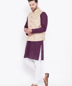 Vastramay Men's Beige, Purple And White Cotton Blend Jacket, Kurta And Pyjama Set Kurta Sets 13 Vastramay Men's Beige, Purple And White Cotton Blend Jacket, Kurta And Pyjama Set Kurta Sets