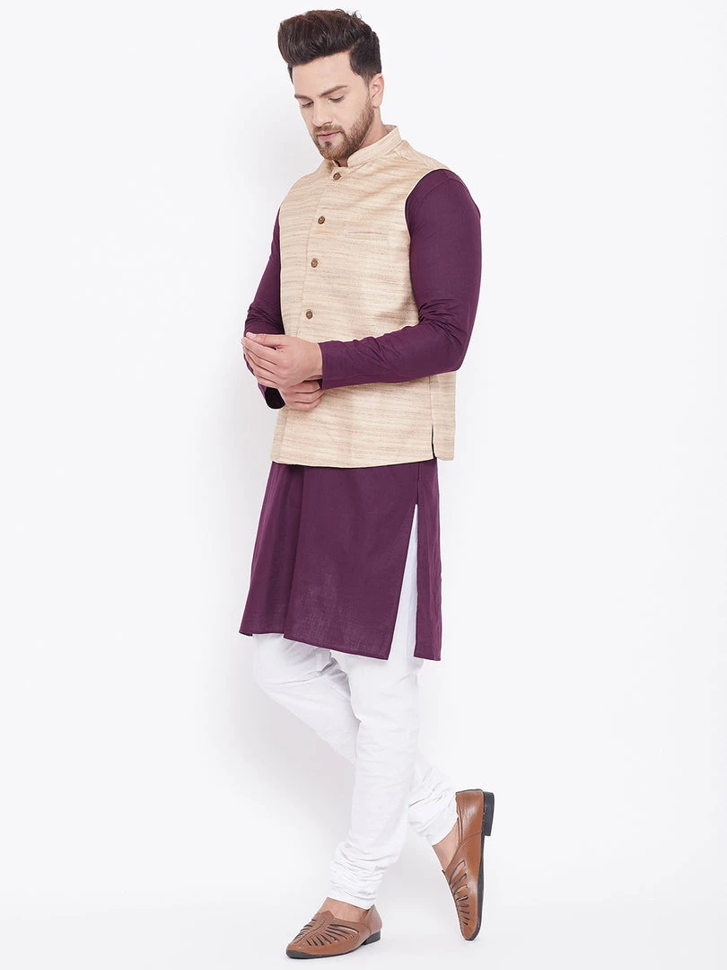 Vastramay Men's Beige, Purple And White Cotton Blend Jacket, Kurta And Pyjama Set Kurta Sets 6 Vastramay Men's Beige, Purple And White Cotton Blend Jacket, Kurta And Pyjama Set Kurta Sets