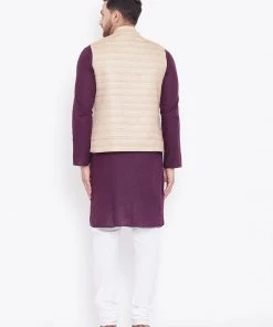 Vastramay Men's Beige, Purple And White Cotton Blend Jacket, Kurta And Pyjama Set Kurta Sets 12 Vastramay Men's Beige, Purple And White Cotton Blend Jacket, Kurta And Pyjama Set Kurta Sets