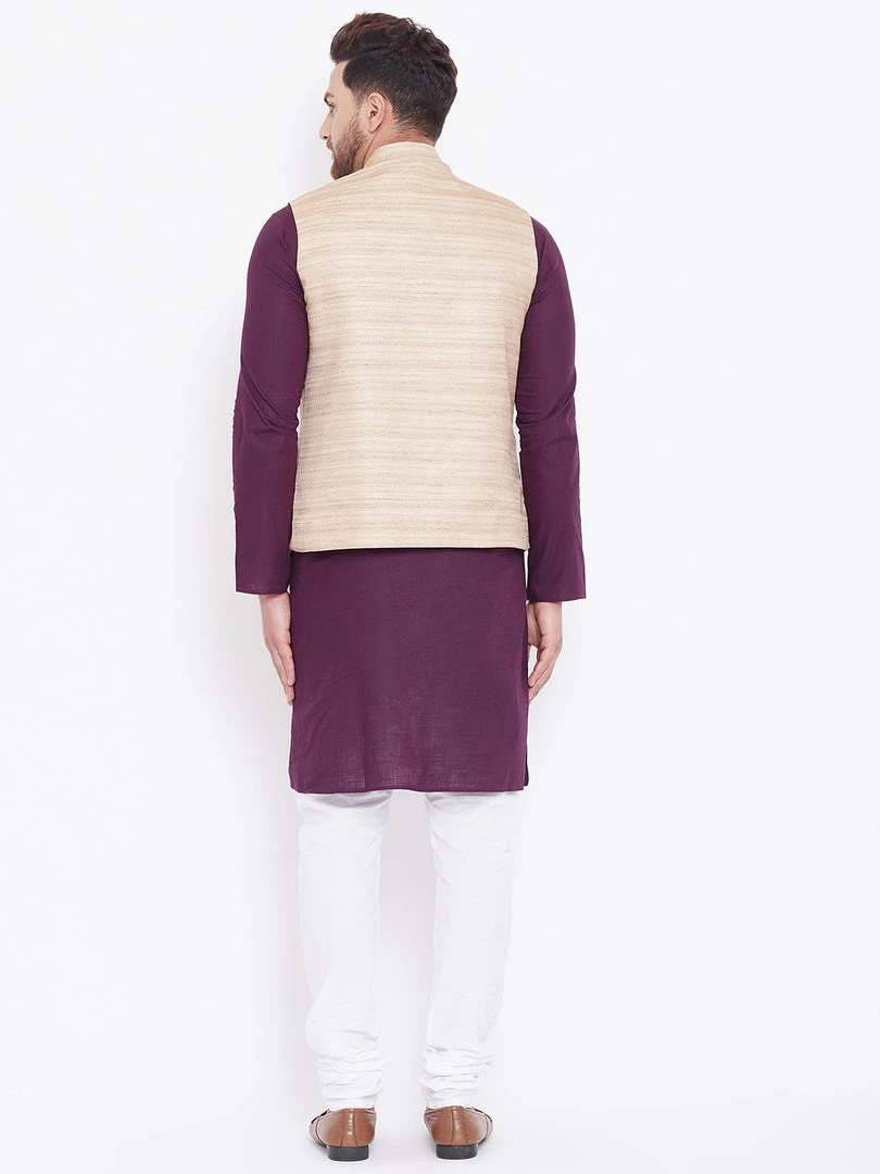 Vastramay Men's Beige, Purple And White Cotton Blend Jacket, Kurta And Pyjama Set Kurta Sets 5 Vastramay Men's Beige, Purple And White Cotton Blend Jacket, Kurta And Pyjama Set Kurta Sets