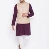 Vastramay Men's Beige, Purple And White Cotton Blend Jacket, Kurta And Pyjama Set Kurta Sets