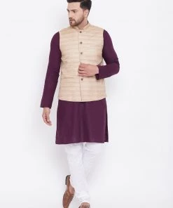 Vastramay Men's Beige, Purple And White Cotton Blend Jacket, Kurta And Pyjama Set Kurta Sets